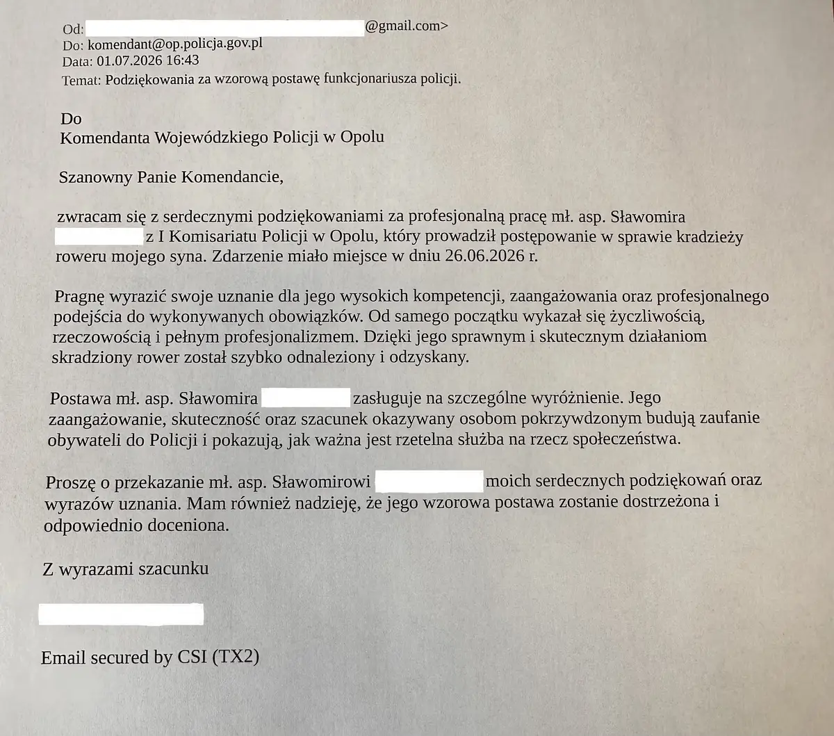 Podziękowania dla policjanta za odzyskanie roweru